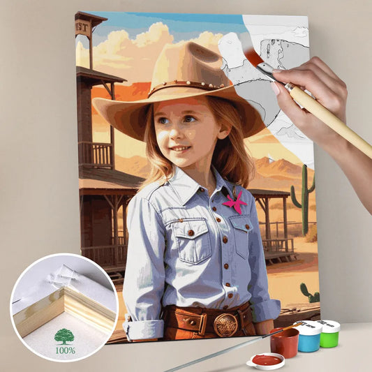 Zestaw do malowania po numerach „Przygoda kowbojki na Dzikim Zachodzie”.