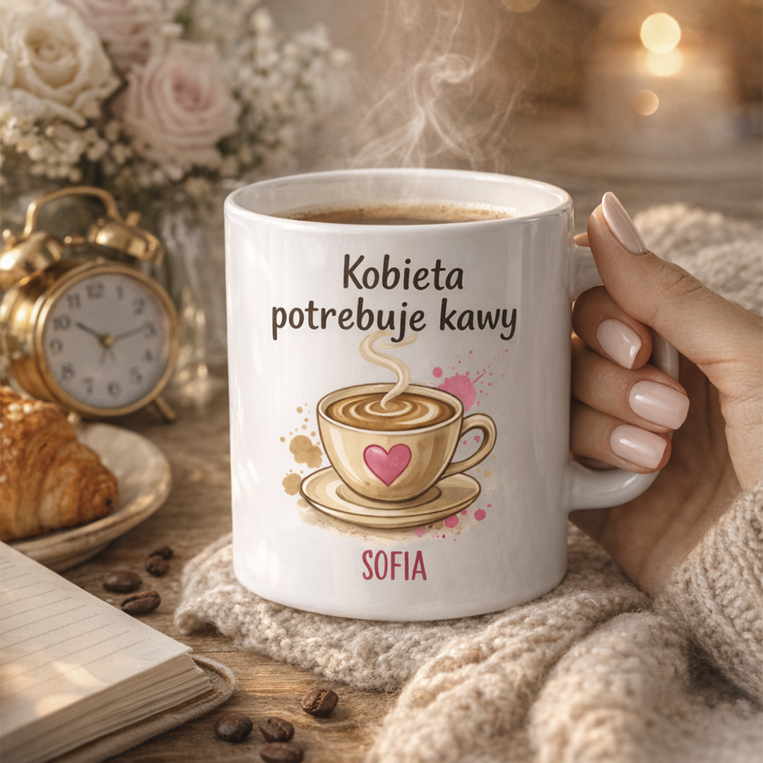 Personalizowany kubek „Kobieta potrzebuje kawy” z imieniem – śmieszny kubek dla kobiety – prezent 330 ml