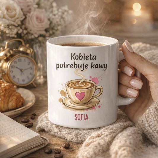 Personalizowany kubek „Kobieta potrzebuje kawy” z imieniem – śmieszny kubek dla kobiety – prezent 330 ml