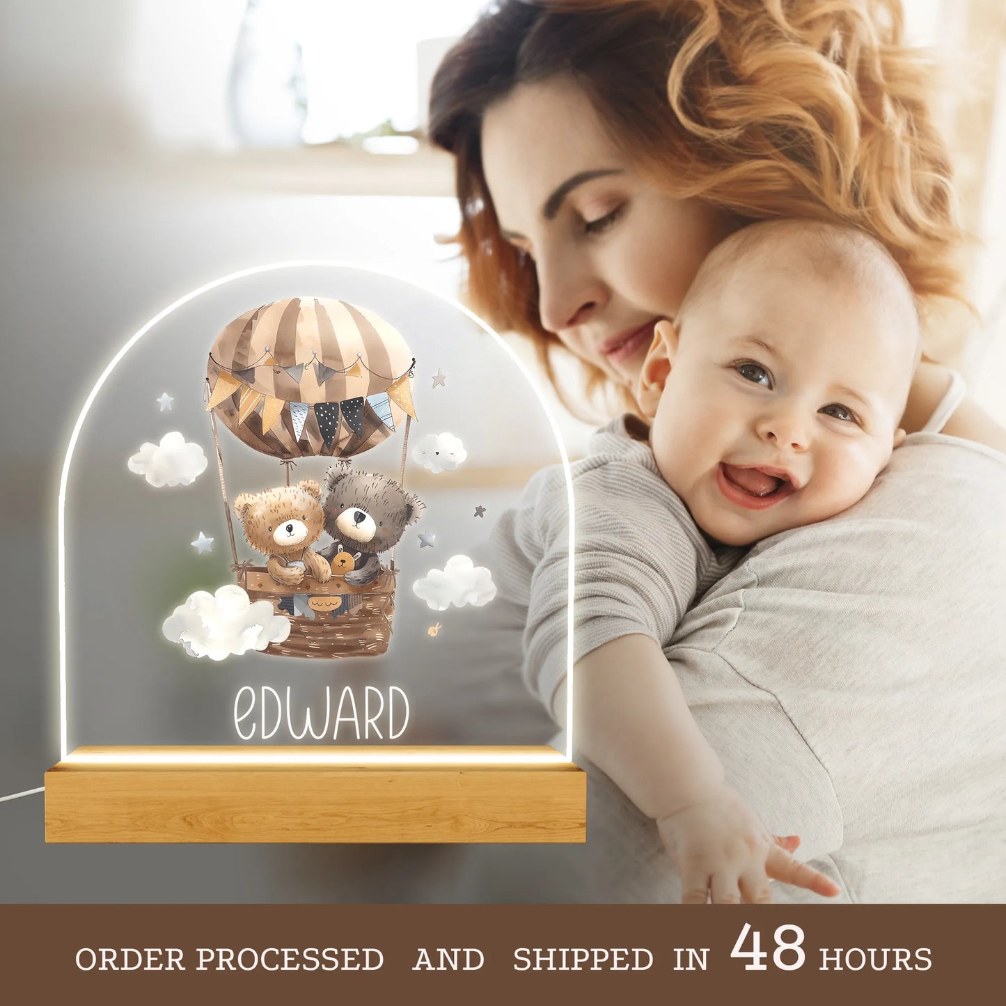 Spersonalizowana lampka nocna z leśnymi zwierzętami, prezent dla dziecka z okazji narodzin