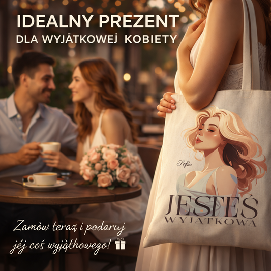 Personalizowana torba „Jesteś Wyjątkowa” z imieniem – eko shopper damska – prezent dla kobiety