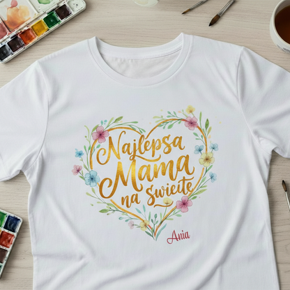 Personalizowana koszulka dla Mamy „Najlepsza Mama na świecie” z imieniem – prezent na Dzień Matki