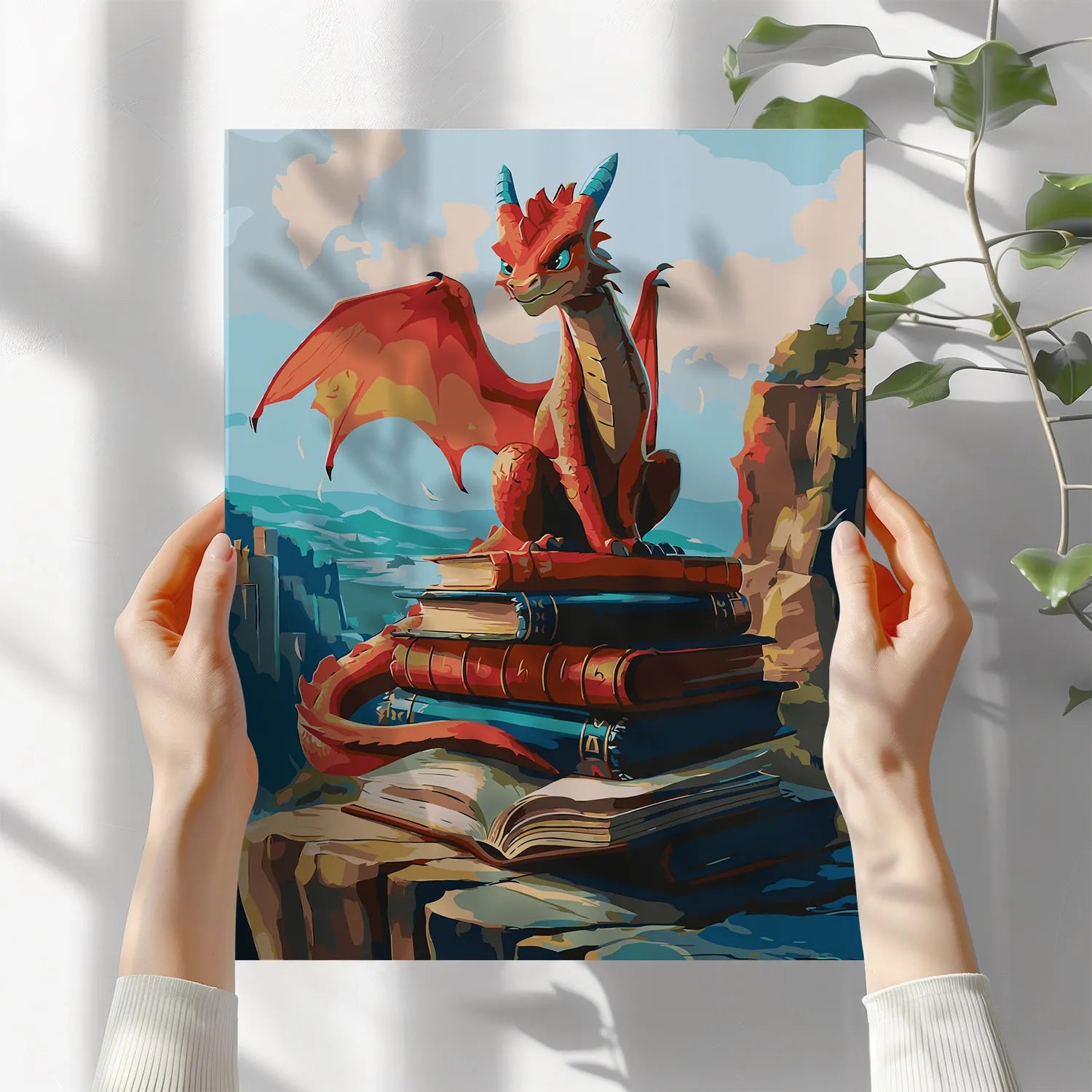 Obraz Po Numerach "Smok i Księgi" – Malowanie po Numerach, Zestaw Artystyczny dla Miłośników Fantasy