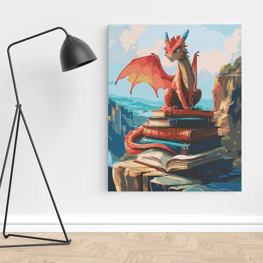 Obraz Po Numerach "Smok i Księgi" – Malowanie po Numerach, Zestaw Artystyczny dla Miłośników Fantasy