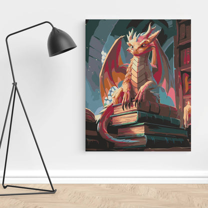 Obraz Po Numerach "Mądry Smok Bibliotekarz" – Malowanie po Numerach, Fantastyczne Klimaty i Magia Książek