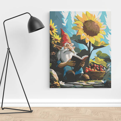 Obraz Po Numerach "Leśny Krasnal z Książką" – Malowanie po Numerach, Bajkowy Klimat i Letnia Beztroska