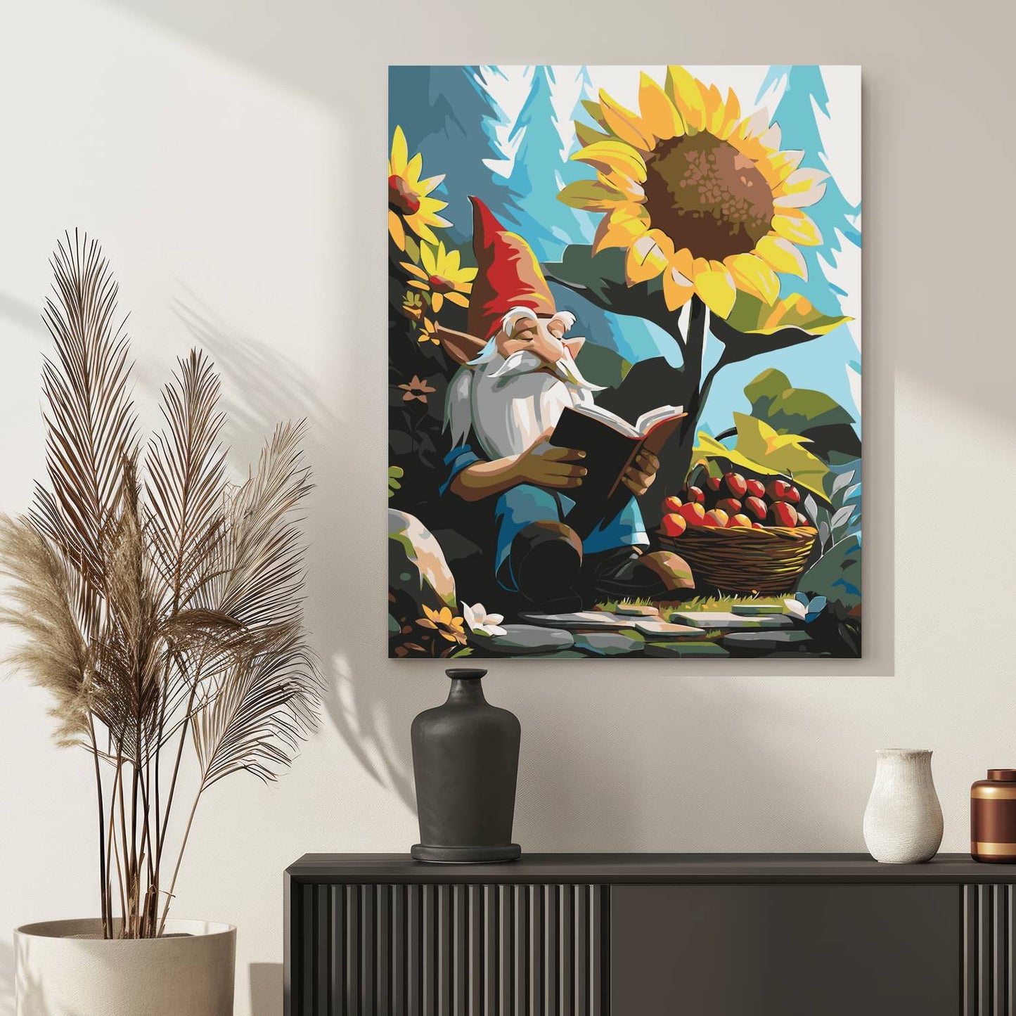 Obraz Po Numerach "Leśny Krasnal z Książką" – Malowanie po Numerach, Bajkowy Klimat i Letnia Beztroska