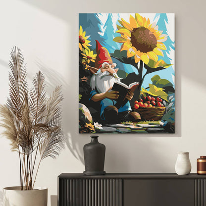 Obraz Po Numerach "Leśny Krasnal z Książką" – Malowanie po Numerach, Bajkowy Klimat i Letnia Beztroska