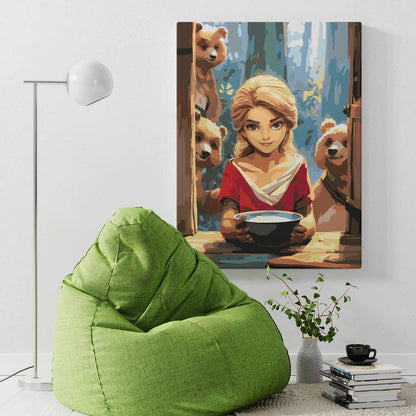 Obraz Po Numerach "Złotowłosa i Trzy Misie" – Malowanie po Numerach, Bajkowa Scena i Dziecięca Magia