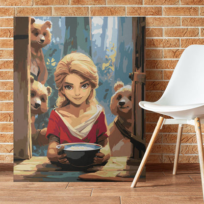 Obraz Po Numerach "Złotowłosa i Trzy Misie" – Malowanie po Numerach, Bajkowa Scena i Dziecięca Magia