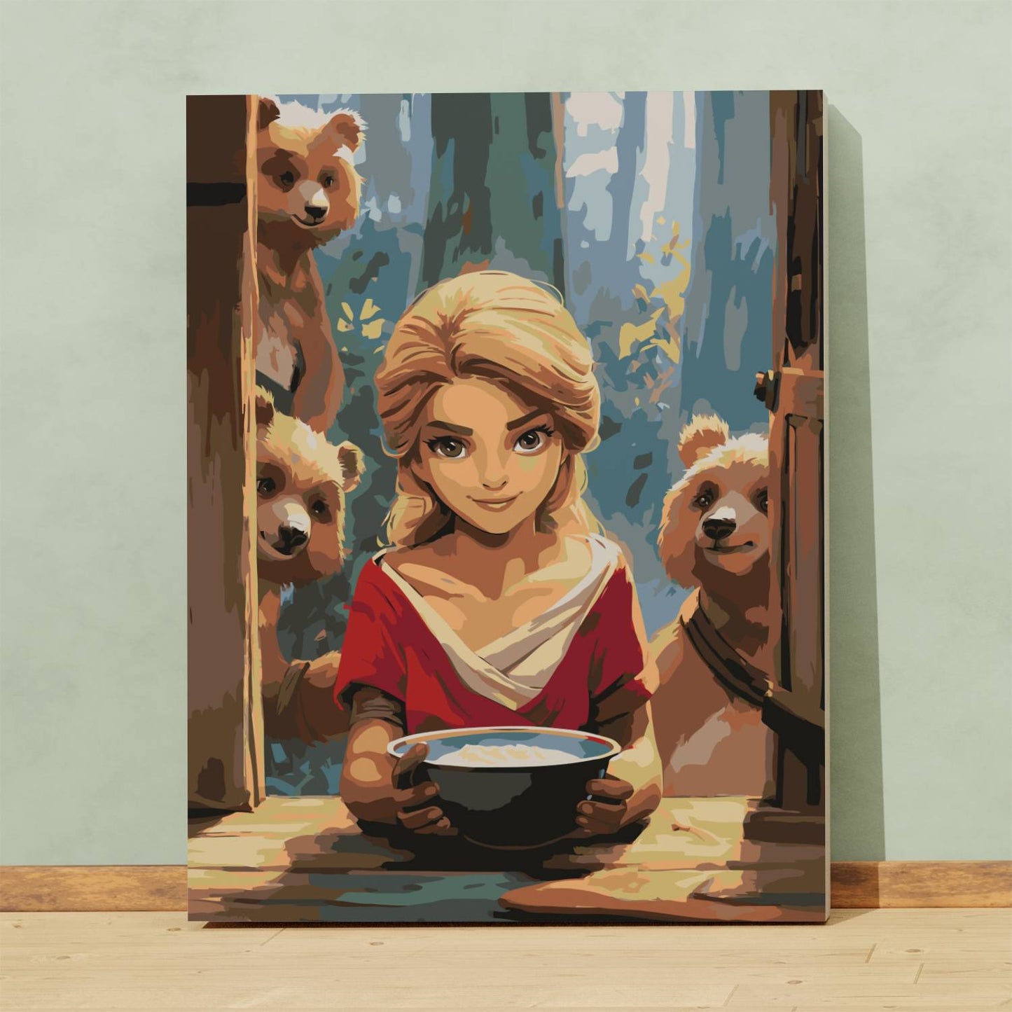 Obraz Po Numerach "Złotowłosa i Trzy Misie" – Malowanie po Numerach, Bajkowa Scena i Dziecięca Magia