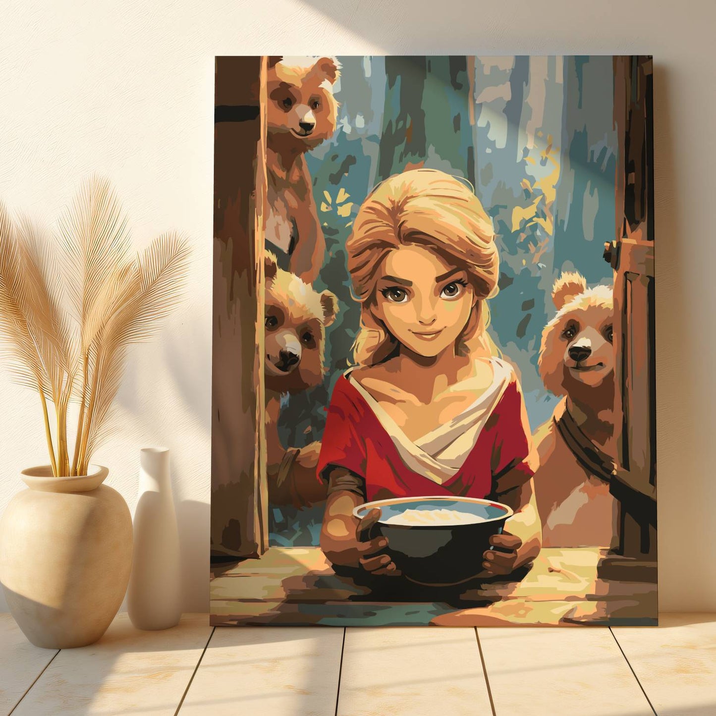 Obraz Po Numerach "Złotowłosa i Trzy Misie" – Malowanie po Numerach, Bajkowa Scena i Dziecięca Magia