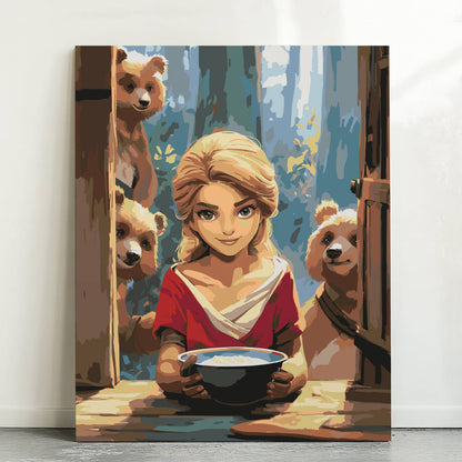 Obraz Po Numerach "Złotowłosa i Trzy Misie" – Malowanie po Numerach, Bajkowa Scena i Dziecięca Magia