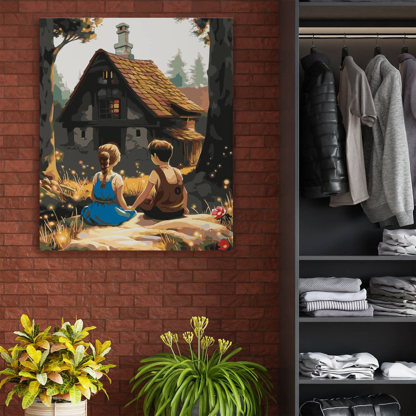 Obraz Po Numerach "Jaś i Małgosia przy Chatce" – Malowanie po Numerach, Bajkowa Przygoda i Magia Lasu