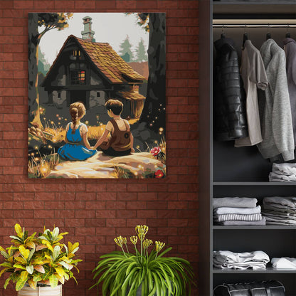 Obraz Po Numerach "Jaś i Małgosia przy Chatce" – Malowanie po Numerach, Bajkowa Przygoda i Magia Lasu