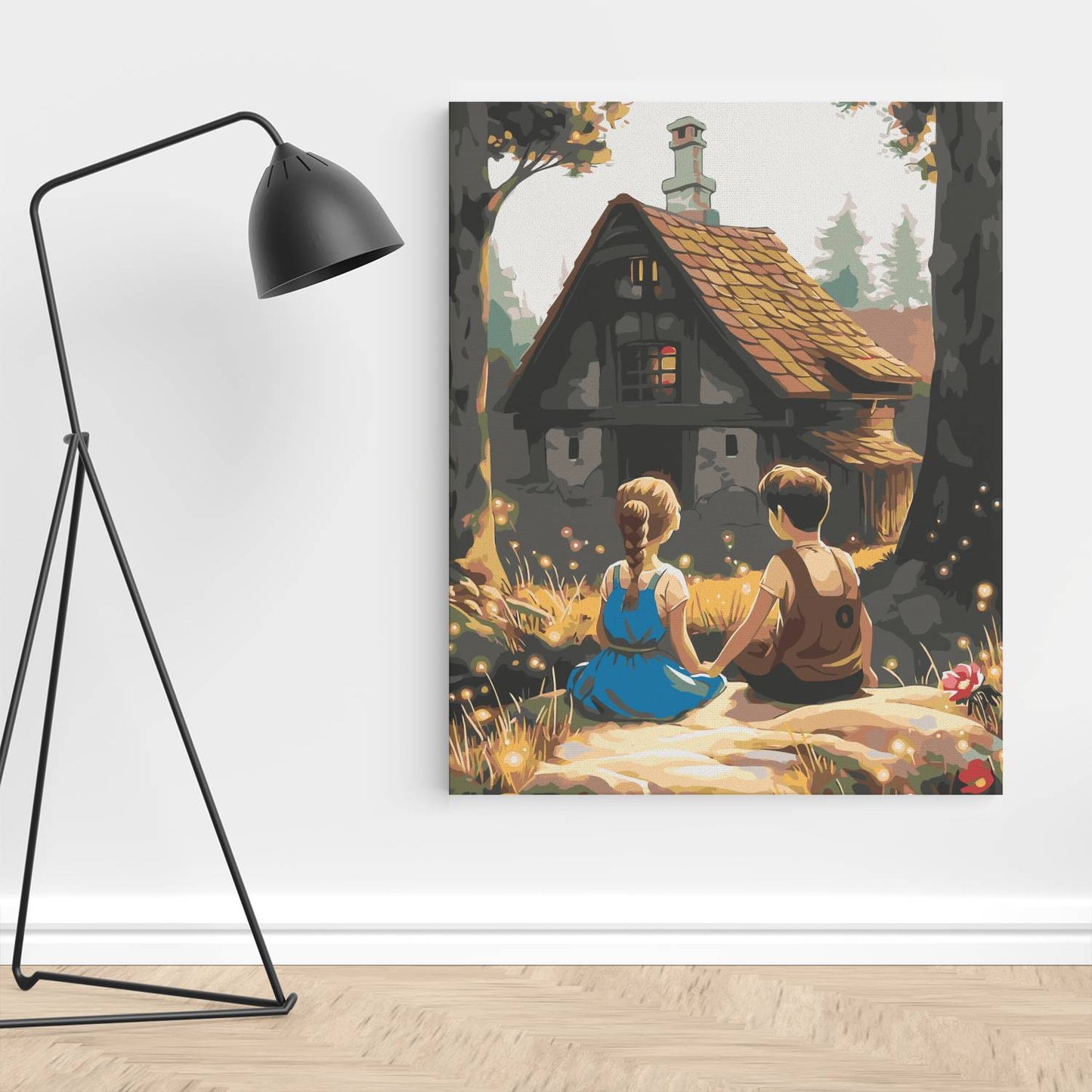Obraz Po Numerach "Jaś i Małgosia przy Chatce" – Malowanie po Numerach, Bajkowa Przygoda i Magia Lasu