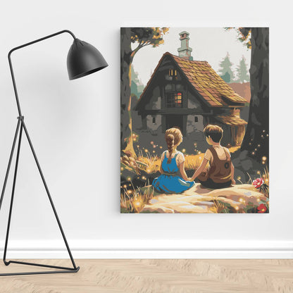 Obraz Po Numerach "Jaś i Małgosia przy Chatce" – Malowanie po Numerach, Bajkowa Przygoda i Magia Lasu
