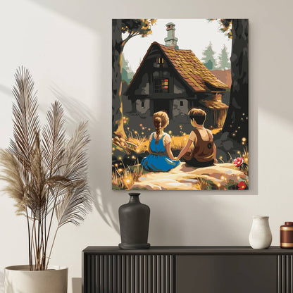 Obraz Po Numerach "Jaś i Małgosia przy Chatce" – Malowanie po Numerach, Bajkowa Przygoda i Magia Lasu