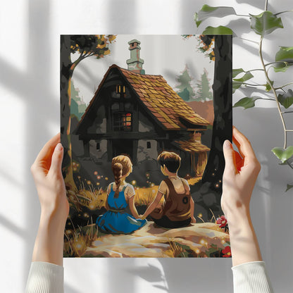 Obraz Po Numerach "Jaś i Małgosia przy Chatce" – Malowanie po Numerach, Bajkowa Przygoda i Magia Lasu