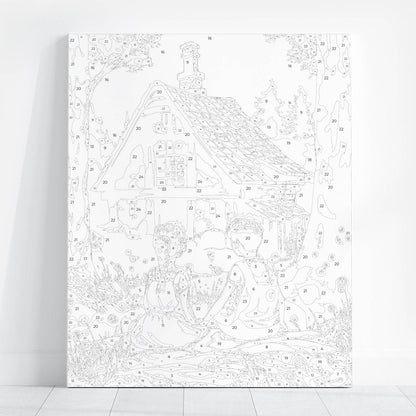 Obraz Po Numerach "Jaś i Małgosia przy Chatce" – Malowanie po Numerach, Bajkowa Przygoda i Magia Lasu