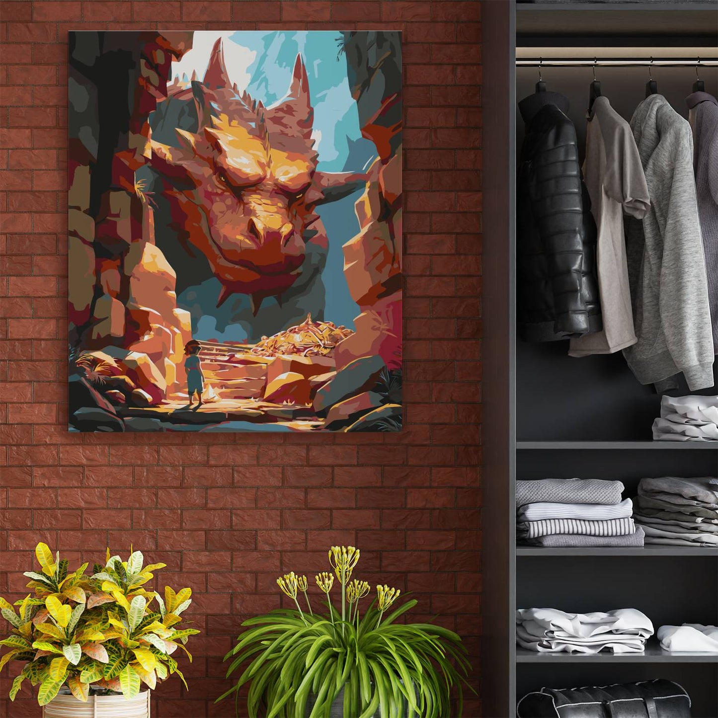 Obraz Po Numerach "Hobbit i Smok" – Malowanie po Numerach, Fantastyczna Przygoda w Grocie