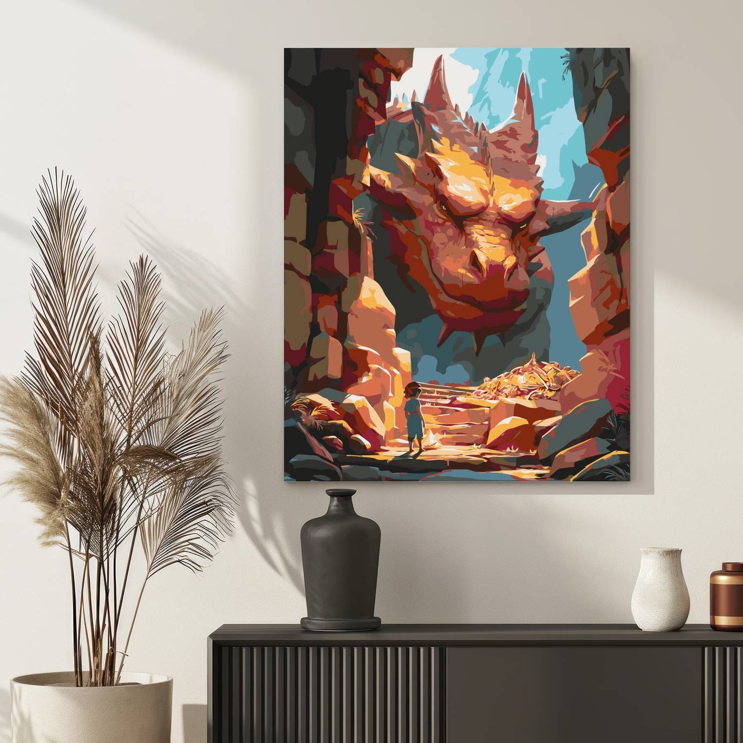 Obraz Po Numerach "Hobbit i Smok" – Malowanie po Numerach, Fantastyczna Przygoda w Grocie