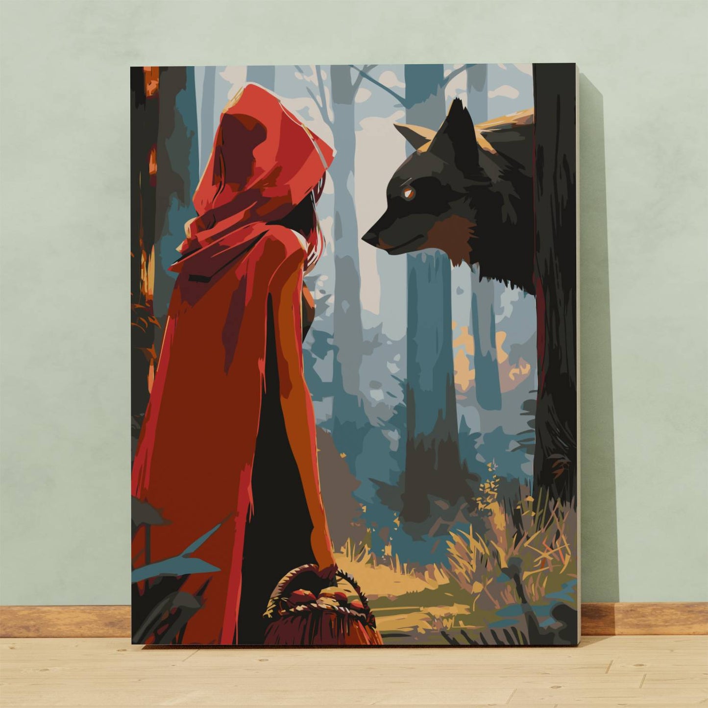 Obraz Po Numerach "Czerwony Kapturek i Wilk" – Malowanie po Numerach Bajkowa Scena w Lesie