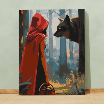 Obraz Po Numerach "Czerwony Kapturek i Wilk" – Malowanie po Numerach Bajkowa Scena w Lesie