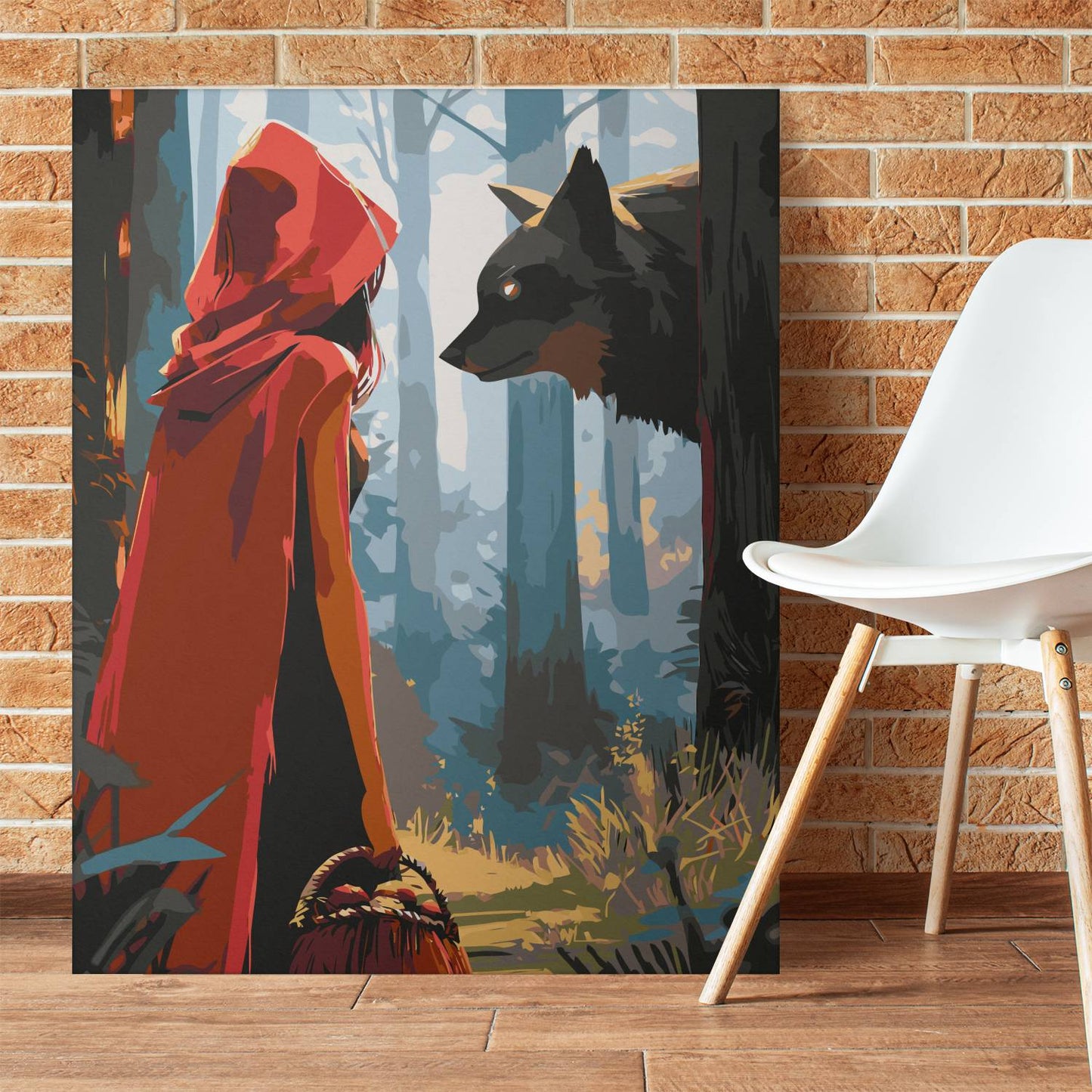 Obraz Po Numerach "Czerwony Kapturek i Wilk" – Malowanie po Numerach Bajkowa Scena w Lesie