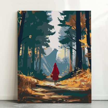 Obraz Po Numerach "Czerwony Kapturek w Lesie" – Tajemniczy Wilk i Dziewczynka
