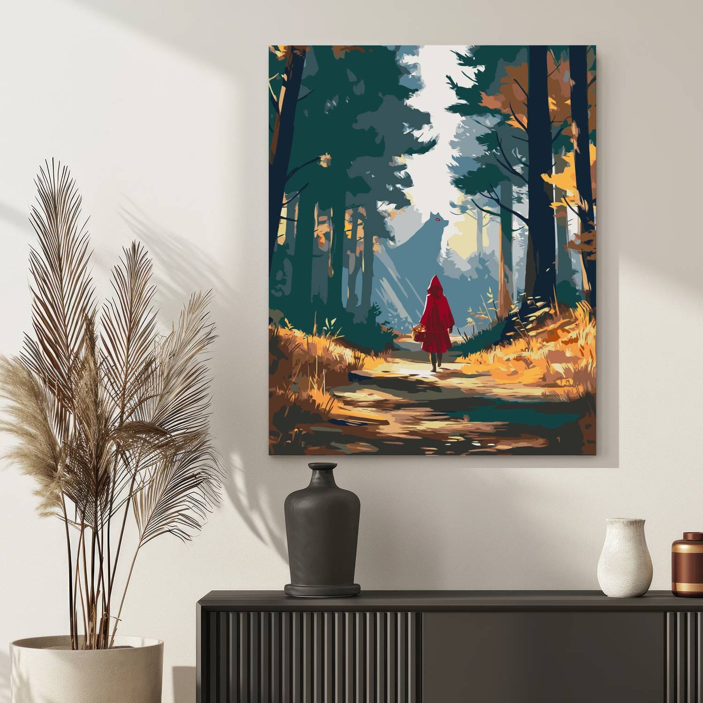 Obraz Po Numerach "Czerwony Kapturek w Lesie" – Tajemniczy Wilk i Dziewczynka