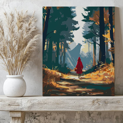 Obraz Po Numerach "Czerwony Kapturek w Lesie" – Tajemniczy Wilk i Dziewczynka