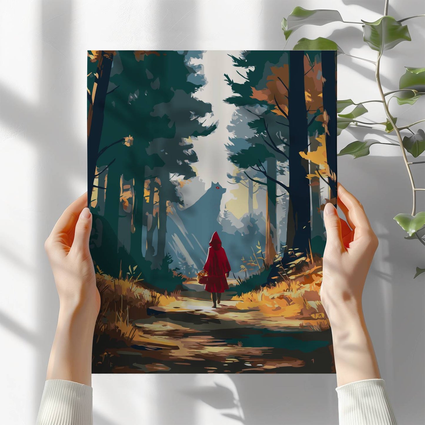 Obraz Po Numerach "Czerwony Kapturek w Lesie" – Tajemniczy Wilk i Dziewczynka