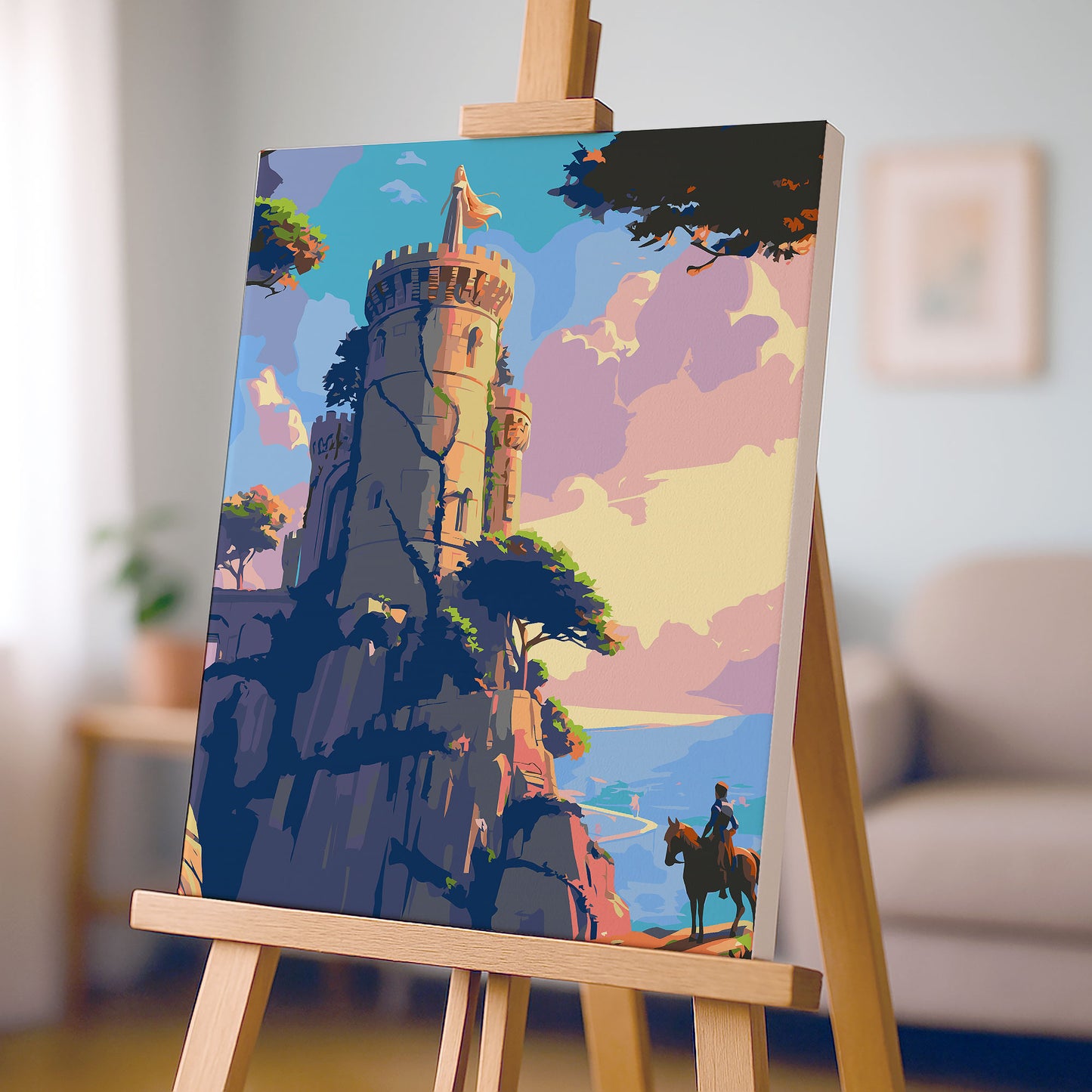 Obraz Po Numerach "Złota Wieża – Księżniczka w Zamku nad Morzem" – Magiczna Scena z Bajki