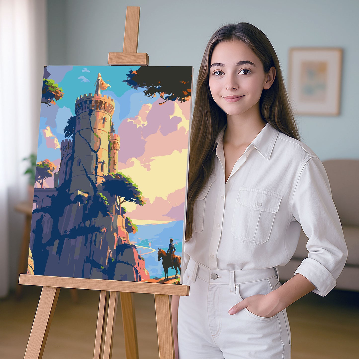 Obraz Po Numerach "Złota Wieża – Księżniczka w Zamku nad Morzem" – Magiczna Scena z Bajki