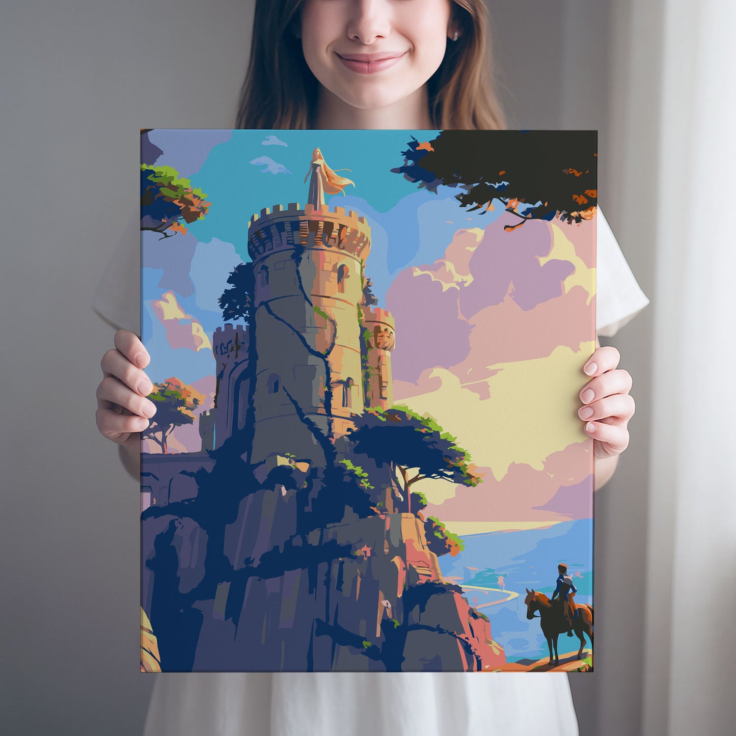 Obraz Po Numerach "Złota Wieża – Księżniczka w Zamku nad Morzem" – Magiczna Scena z Bajki