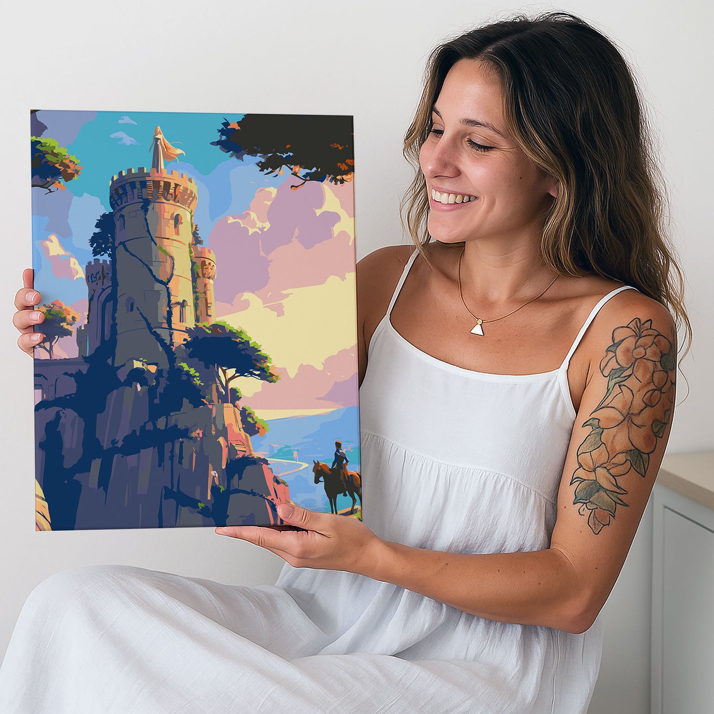 Obraz Po Numerach "Złota Wieża – Księżniczka w Zamku nad Morzem" – Magiczna Scena z Bajki