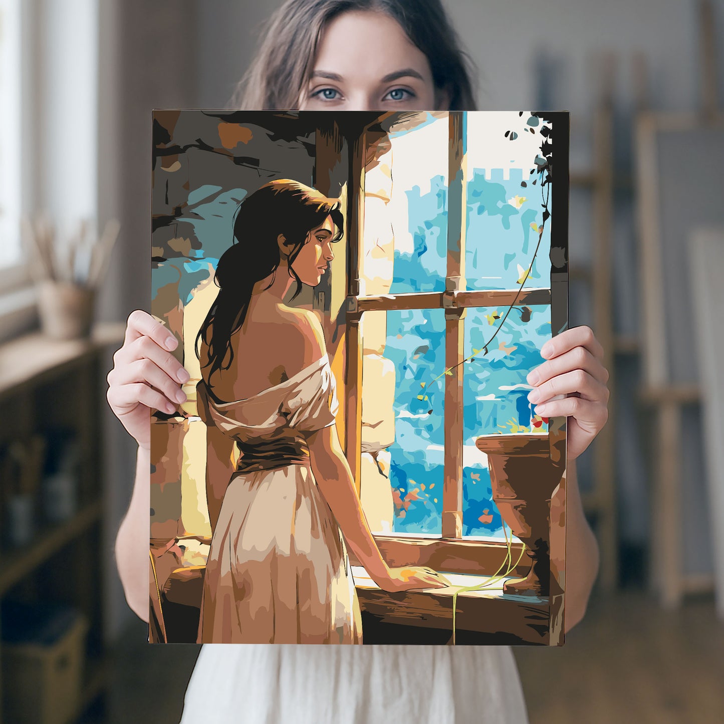 Obraz Po Numerach "Zamkowe Marzenia – Dziewczyna w Oknie" – Magiczna Bajkowa Scena