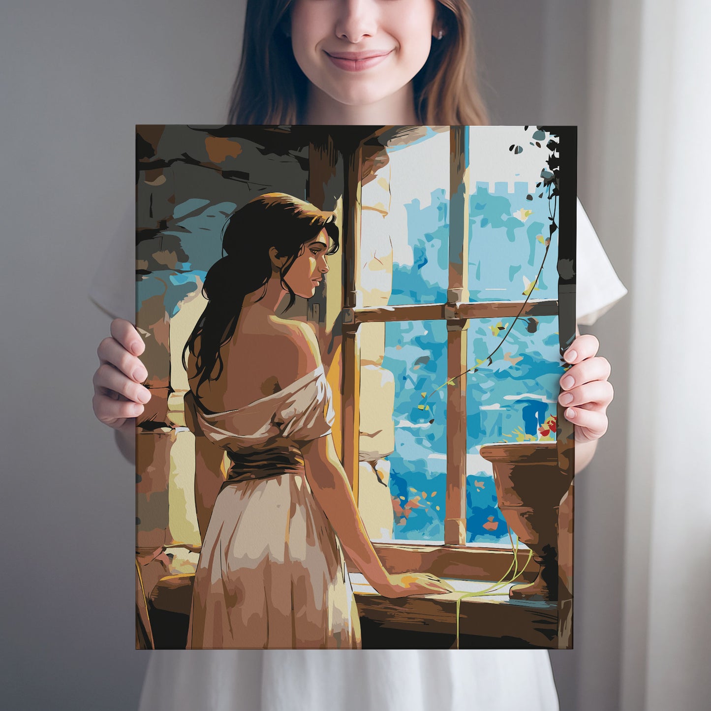 Obraz Po Numerach "Zamkowe Marzenia – Dziewczyna w Oknie" – Magiczna Bajkowa Scena