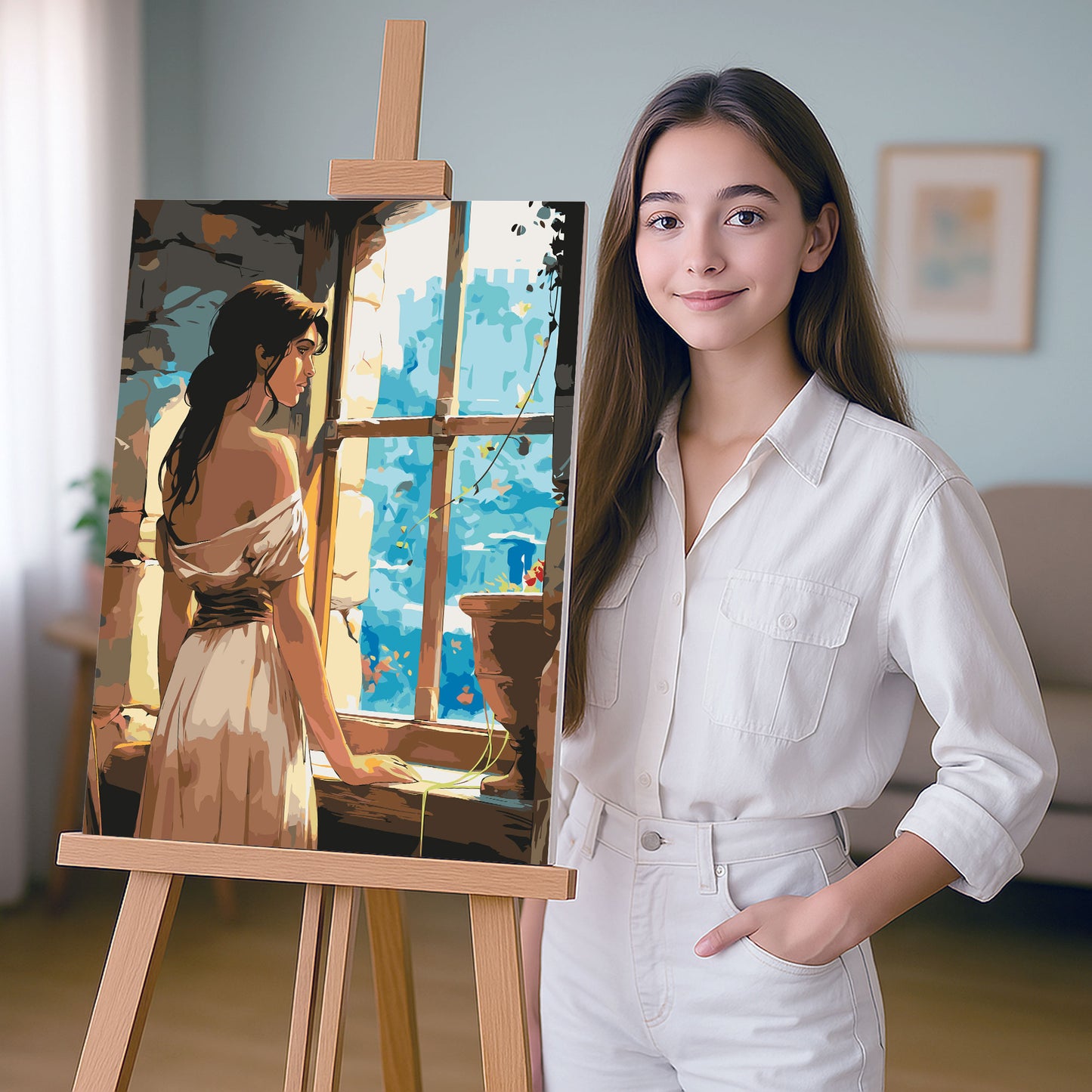 Obraz Po Numerach "Zamkowe Marzenia – Dziewczyna w Oknie" – Magiczna Bajkowa Scena