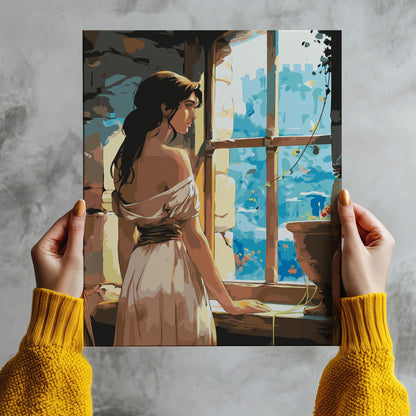 Obraz Po Numerach "Zamkowe Marzenia – Dziewczyna w Oknie" – Magiczna Bajkowa Scena