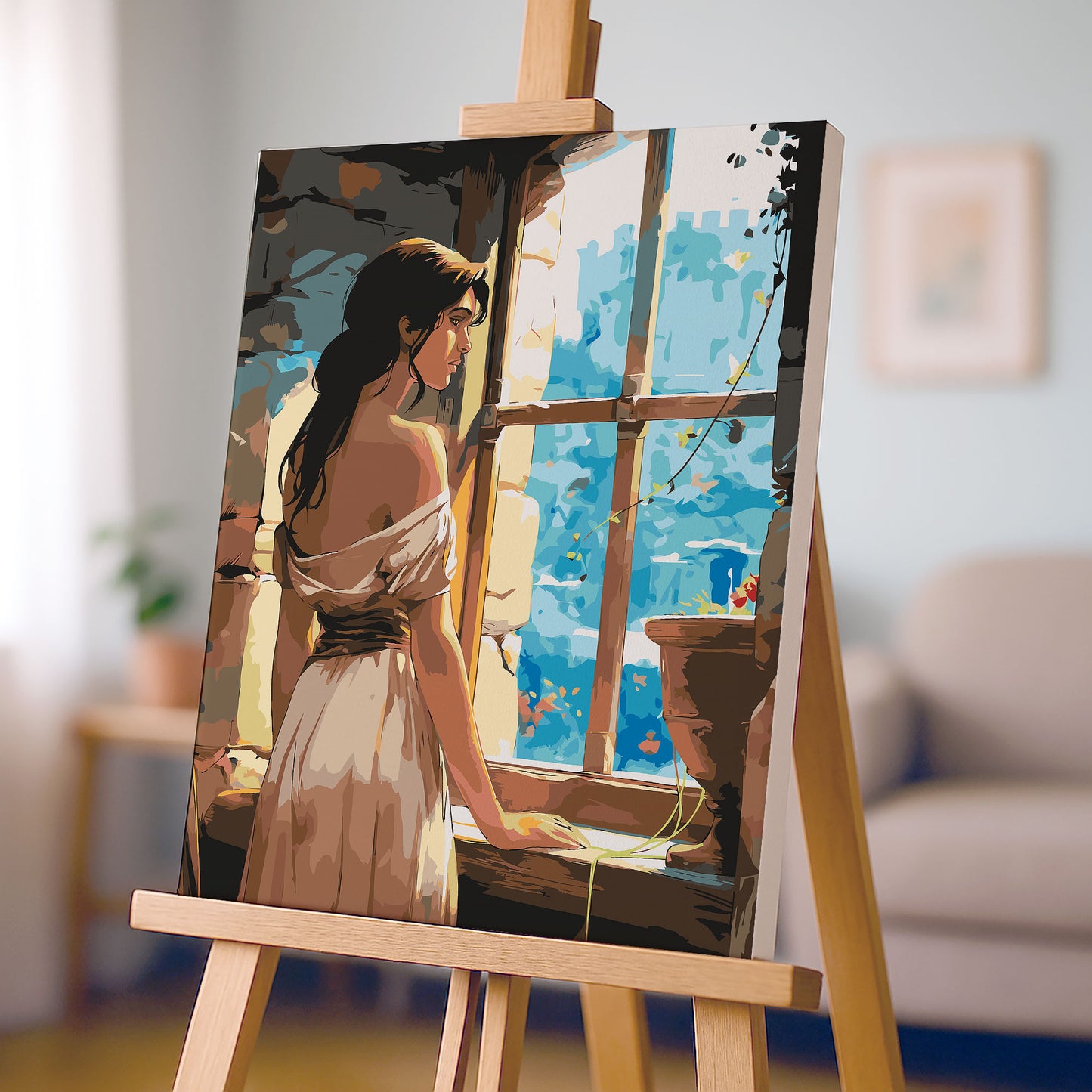 Obraz Po Numerach "Zamkowe Marzenia – Dziewczyna w Oknie" – Magiczna Bajkowa Scena