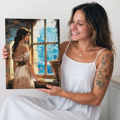 Obraz Po Numerach "Zamkowe Marzenia – Dziewczyna w Oknie" – Magiczna Bajkowa Scena