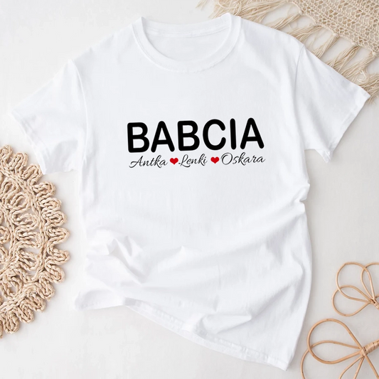 Babcia z imionami wnuków koszulka na Dzień Babci