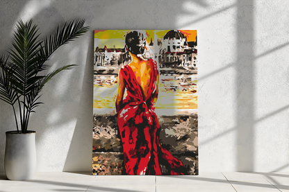 Kobieta w Czerwonej Sukni nad Rzeką