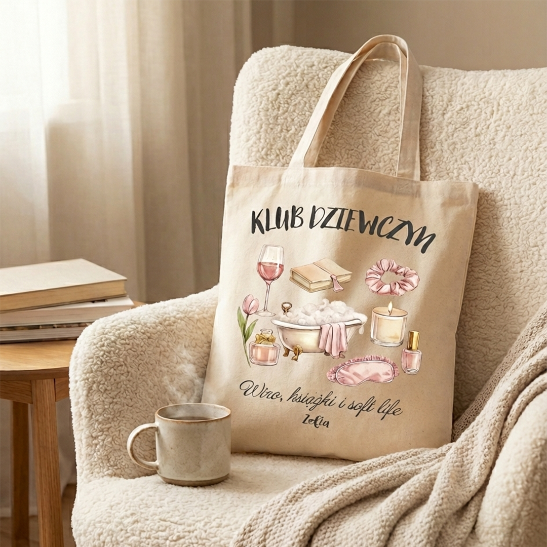 Personalizowana Torba "Klub Dziewczyn" – Twoje Imię, Soft Life, Wino i Książki, Prezent dla Niej, Stylowa Shopperka