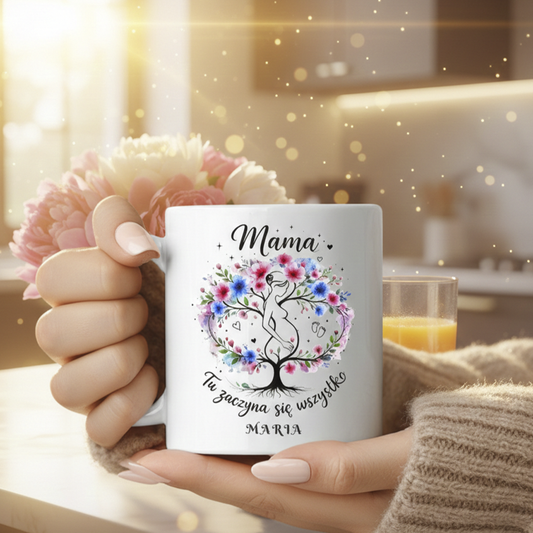 Personalizowany kubek „Mama – Tu zaczyna się wszystko” z imieniem – prezent na Dzień Matki – kubek dla Mamy 330 ml