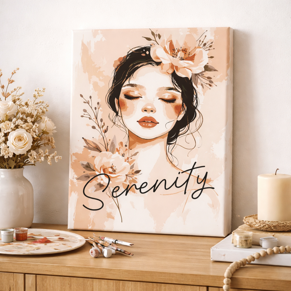 Malowanie po numerach „Serenity” – Kobieta z kwiatami, Dekoracja wnętrza