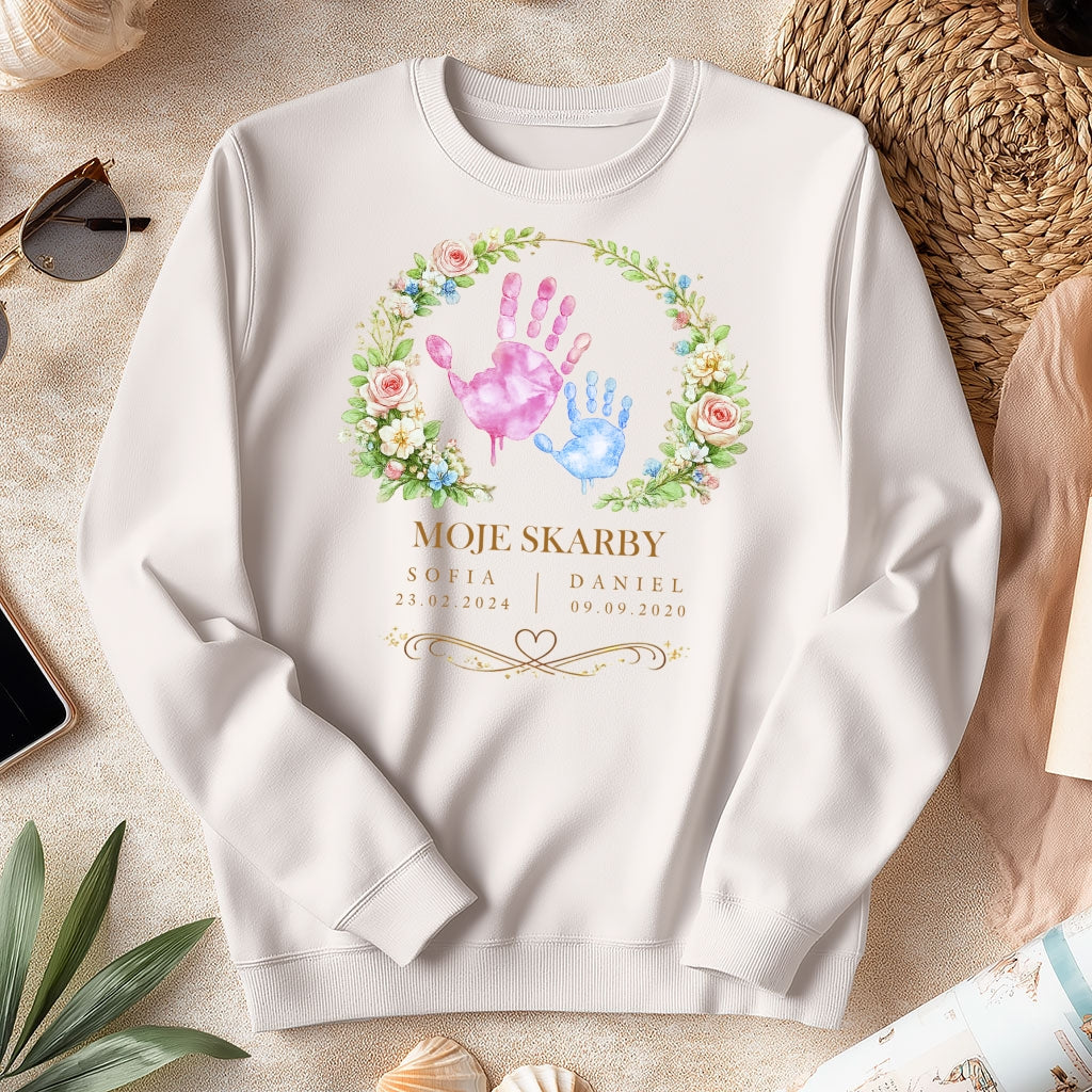 Personalizowana koszulka dla Mamy „Moje Skarby” z imionami i datą urodzenia – odcisk dłoni dziecka – prezent na Dzień Matki