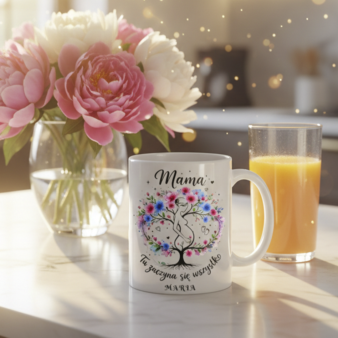 Personalizowany kubek „Mama – Tu zaczyna się wszystko” z imieniem – prezent na Dzień Matki – kubek dla Mamy 330 ml